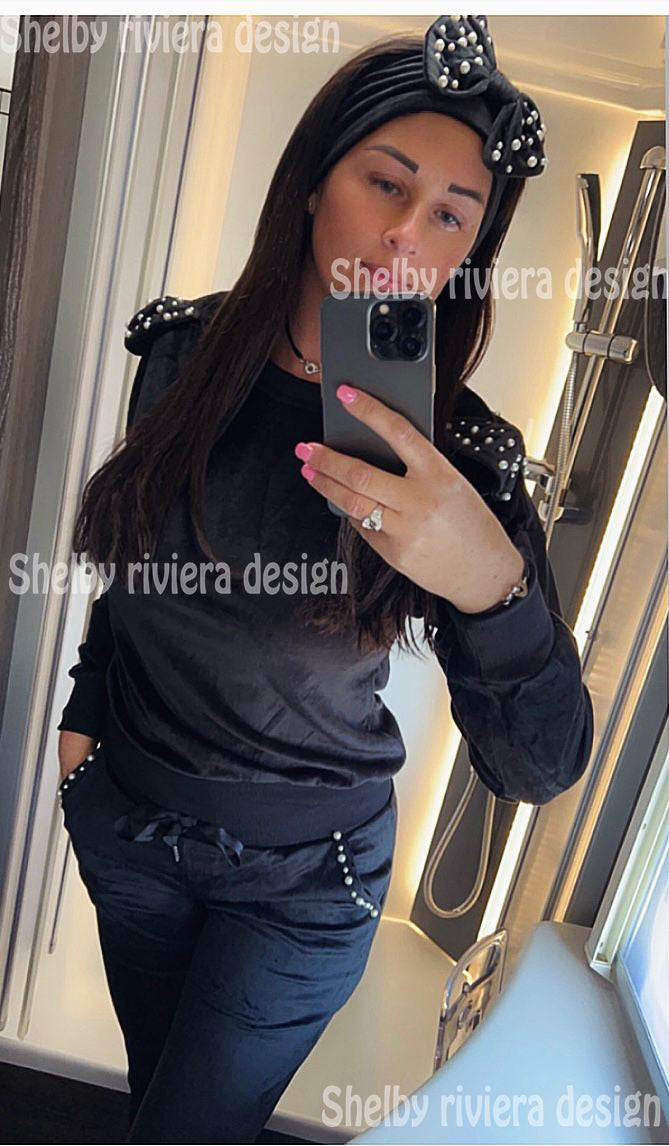 Ensemble Jogging Velours Nœud Perlé Noir - ensemble jogging