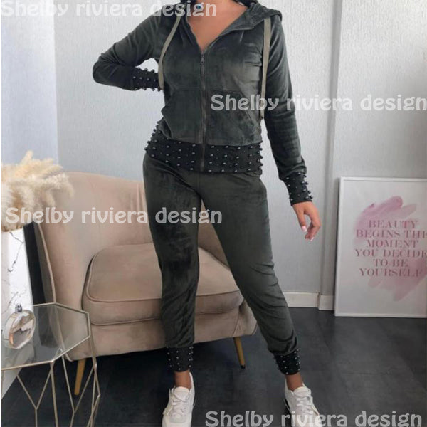 Ensemble Femme en Velours - Modèle Jogging Hawaï - Couleur Kaki - ensemble velour