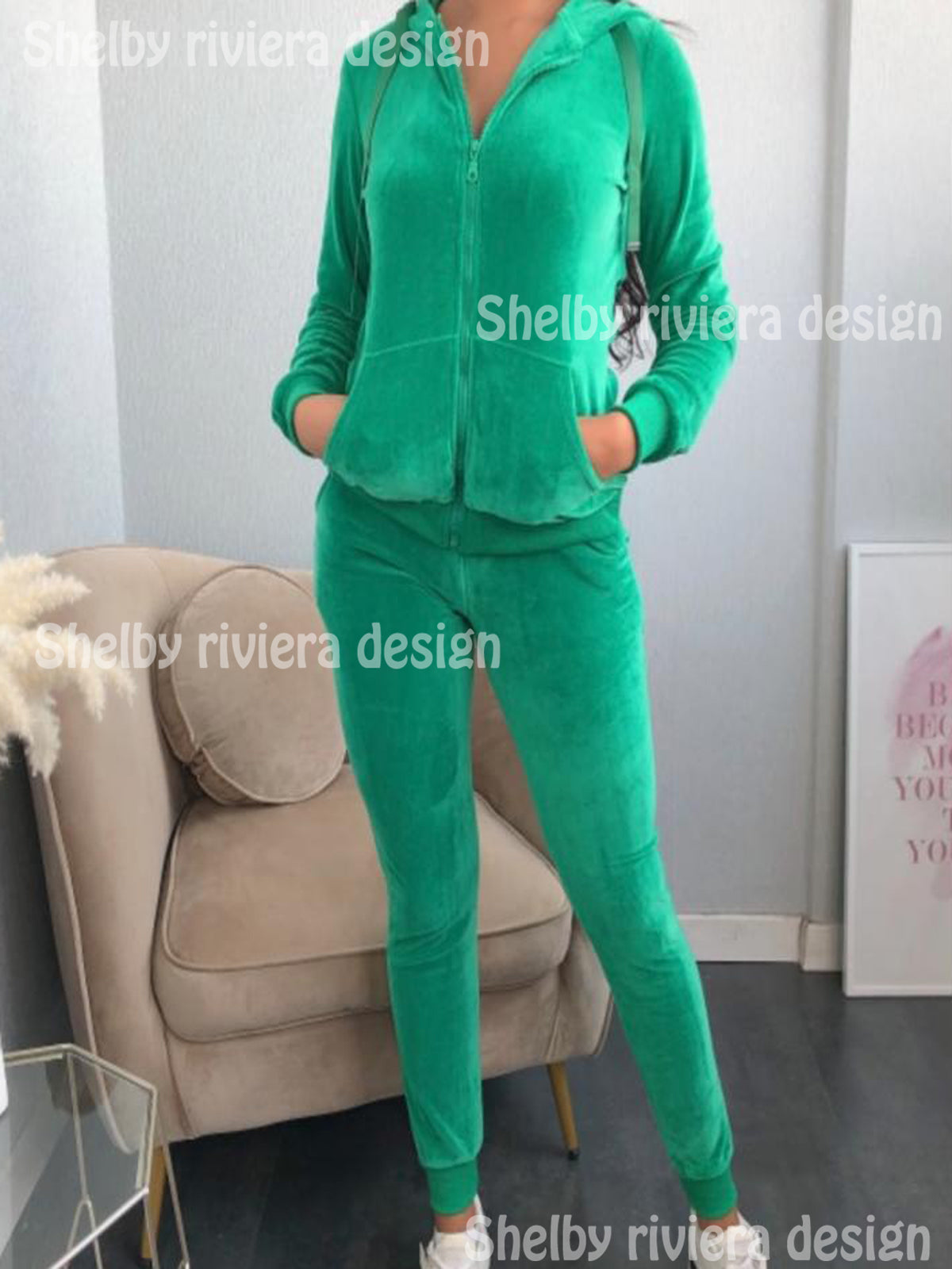 Ensemble Velours Femme Model Unis avec Capuche - Couleur Vert - ensemble velour