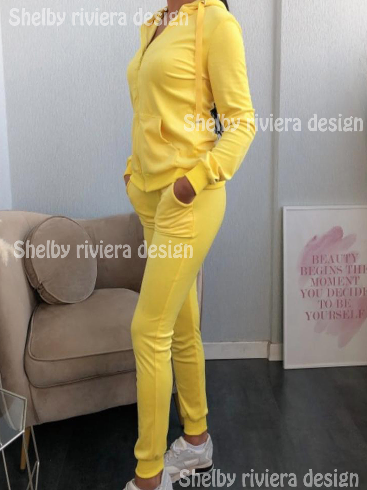 Ensemble Velours Femme Model Unis avec Capuche - Couleur jaune - ensemble velour