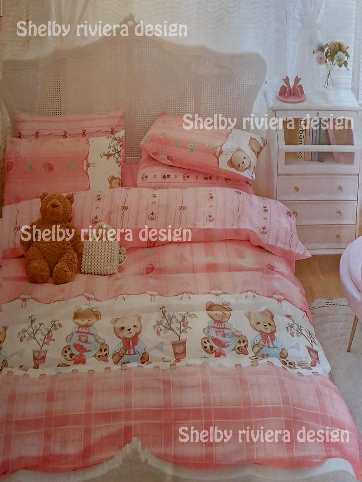 Parure Model Nounours Rose - 4 Pièces en 100% Coton avec motifs nounours et couleur rose doux